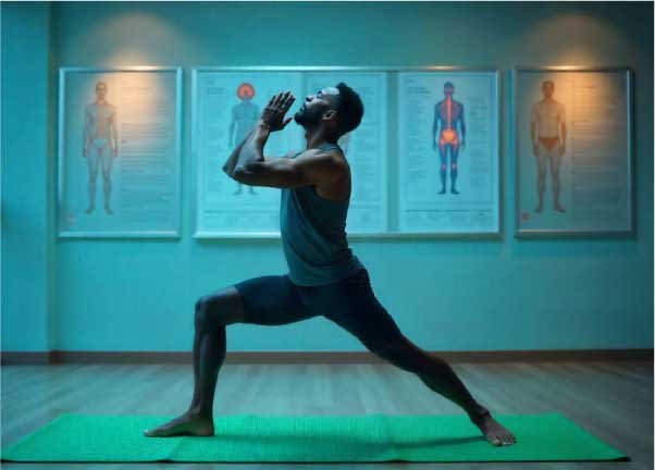 A person practicing yoga on a mat, promoting joint flexibility and an active lifestyle for managing rheumatoid arthritis