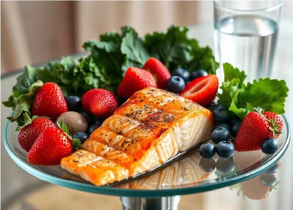 A colorful plate of anti-inflammatory foods including salmon, berries, and leafy greens, representing a healthy diet for rheumatic disease management